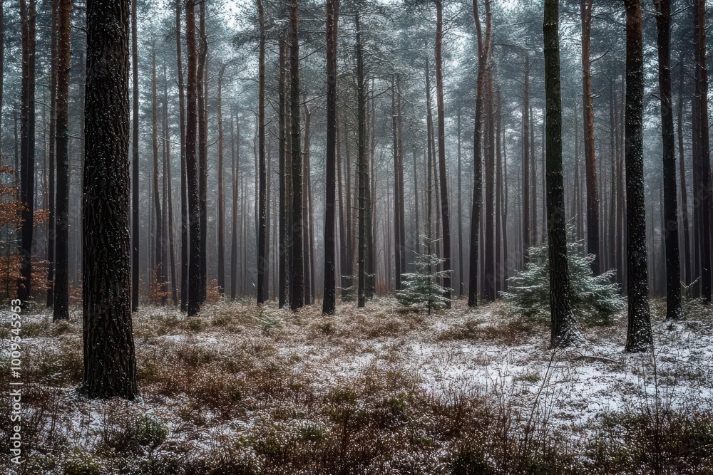 Obraz premium A serene forest landscape shrouded in mist, with tall trees and a snowy ground.