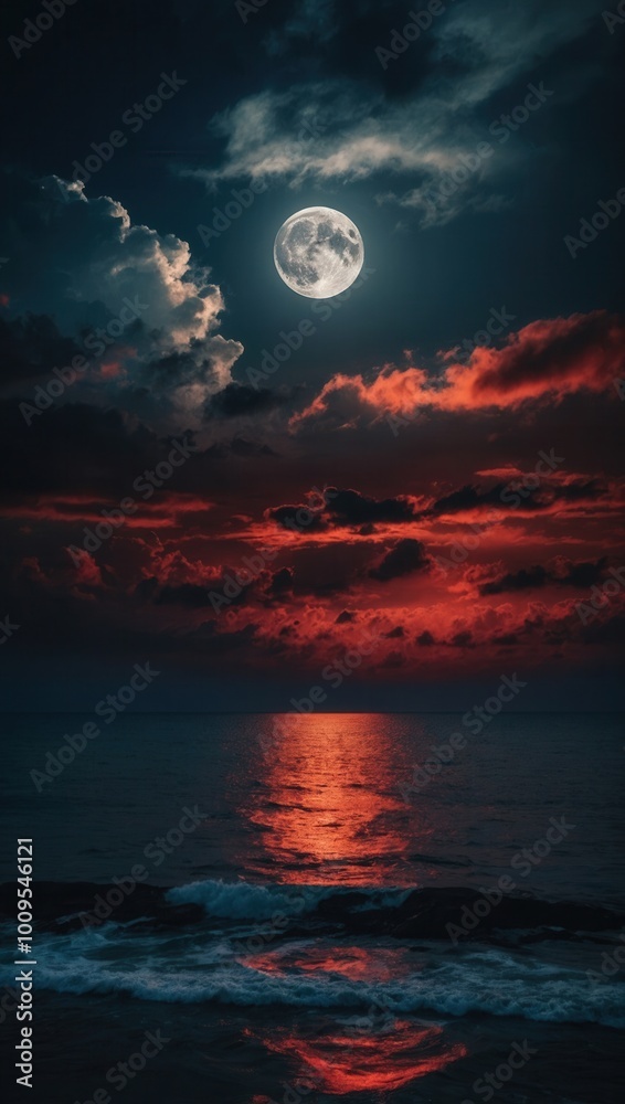 Dramatic night scene with full moon reflecting on ocean and clouds in the sky Dramatic night scene with full moon reflecting on ocean and clouds in the sky