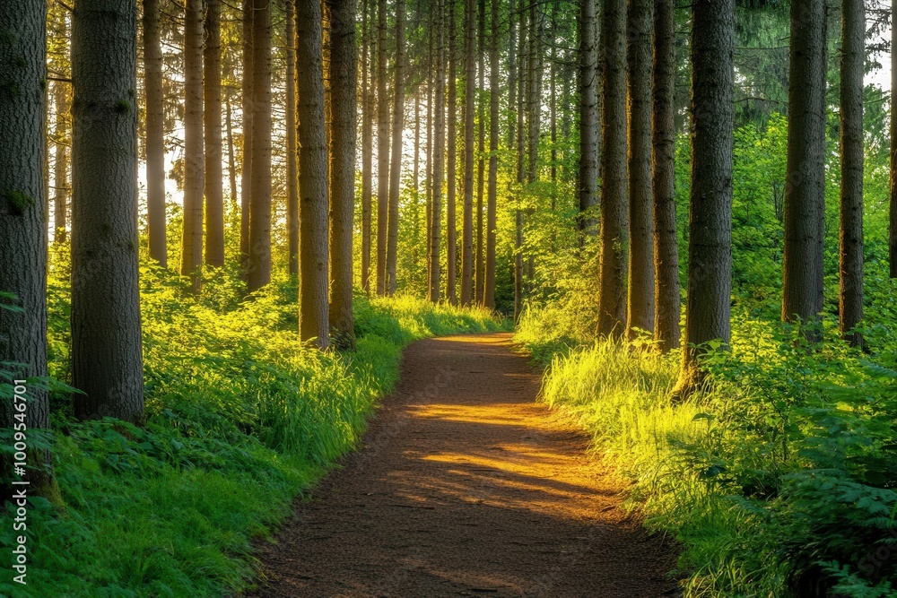 Obraz premium A serene forest path illuminated by sunlight, inviting exploration and tranquility.