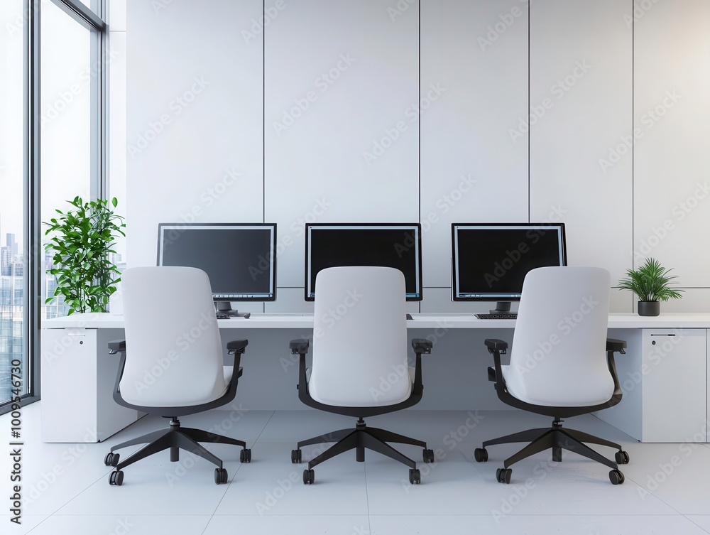 Fototapeta premium Modern bank workspace with interactive digital screens, ergonomic chairs, and large glass windows, Contemporary design, soft natural light, neutral tones