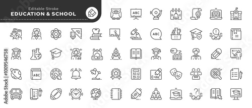 Education and school line icon set. Alphabet, book, lesson, school supplies, student and teacher. Outline vector icon in linear style. Conceptual pictogram collection.	
