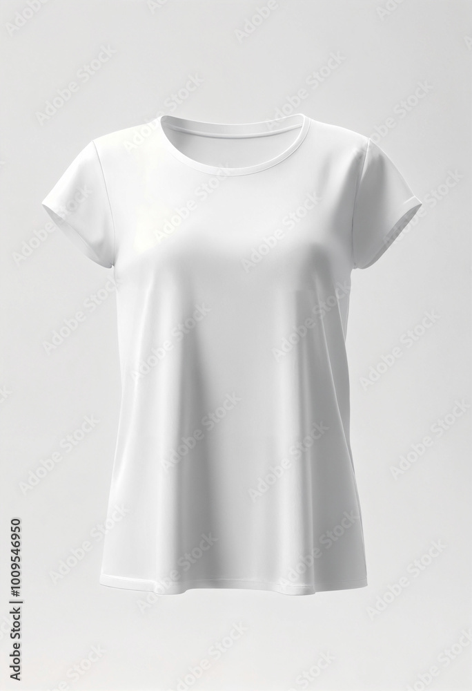 Female white t-shirt mockup against light grey background Female white t-shirt mockup against light grey background