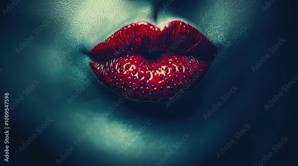 Obraz premium A close-up photo of a woman's lips adorned with red lipstick and the word love written in a bold font