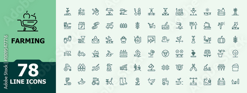 Farming line icons. Related to gardening, agriculture, planting, seeding. Minimalist outline symbols collection. Editable stroke. Vector illustration.
