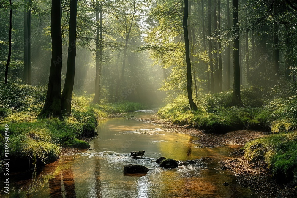 Fototapeta premium A serene forest scene with a gently flowing stream and sunlight filtering through the trees.