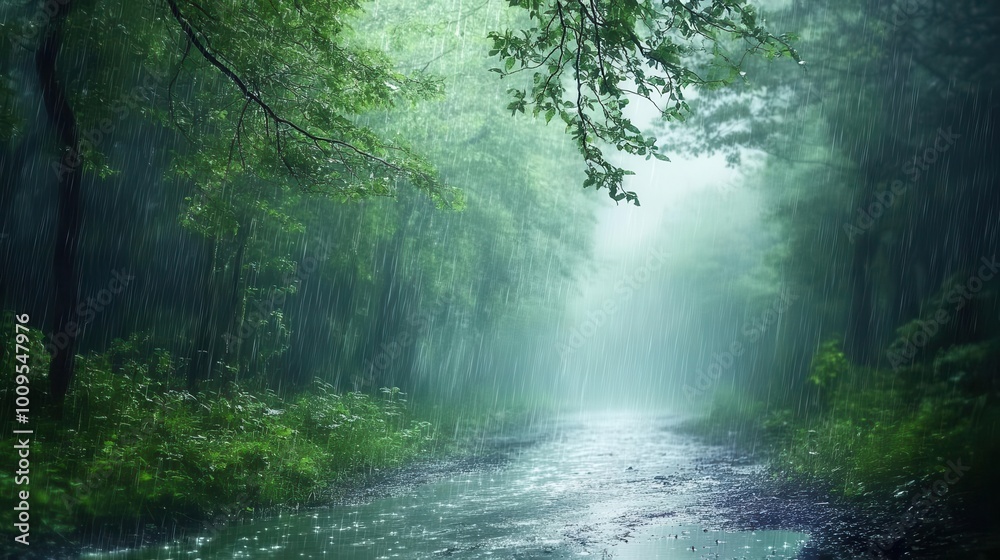 Obraz premium A serene forest scene with a river under gentle rain, evoking tranquility and nature's beauty.