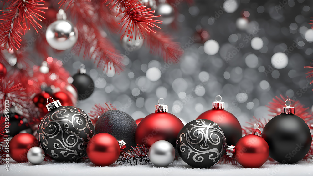 Red and black Christmas ornaments on a frosted tree branch. generative ai.