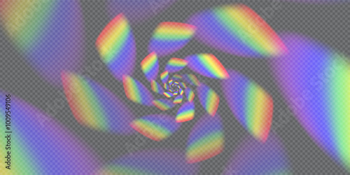 Transparent bg with a rainbow prism flare whirling portal. Sunlight scattering and refraction on a surreal swirl background. Blurred holographic spectrum gradient. Vector illustration
