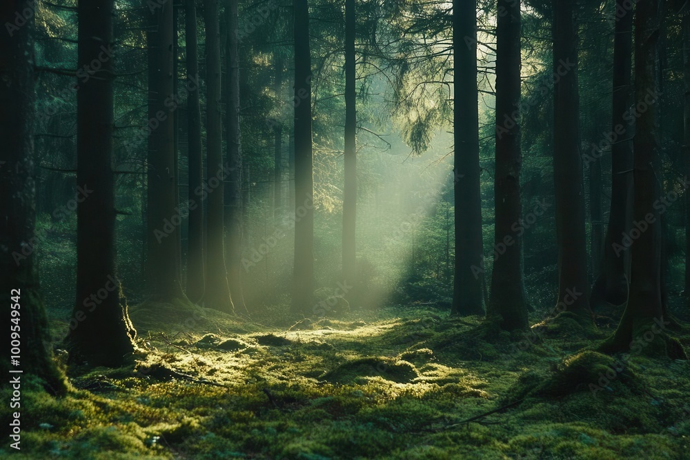 Fototapeta premium A serene forest scene with sunlight filtering through trees, illuminating the mossy ground.