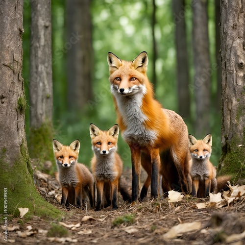 Red fox with cubs in the forest