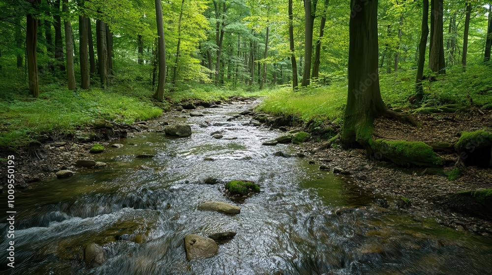 Obraz premium A serene forest stream flows through lush greenery, inviting tranquility and reflection.