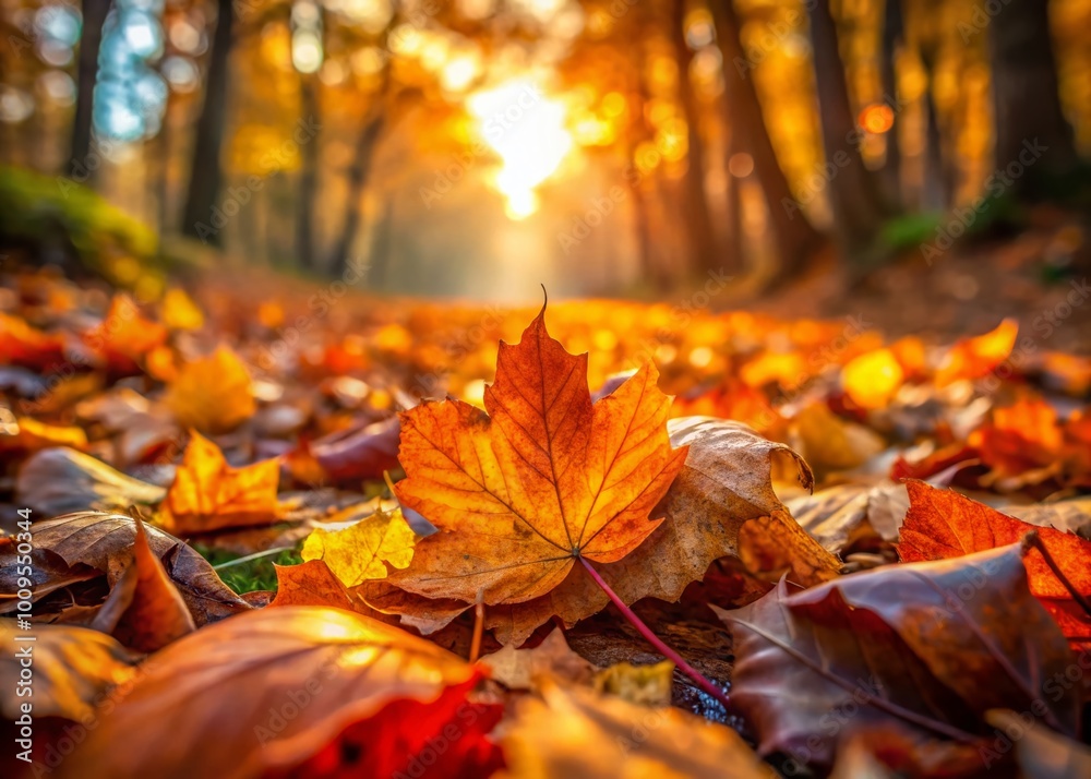 Vibrant Autumn Leaves on Forest Floor with Soft Focus and Natural Light Creating a Dreamy Atmosphere Vibrant Autumn Leaves on Forest Floor with Soft Focus and Natural Light Creating a Dreamy Atmosphere