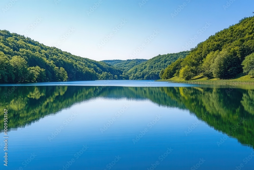 A serene lake surrounded by lush green hills, reflecting the clear blue sky. A serene lake surrounded by lush green hills, reflecting the clear blue sky.
