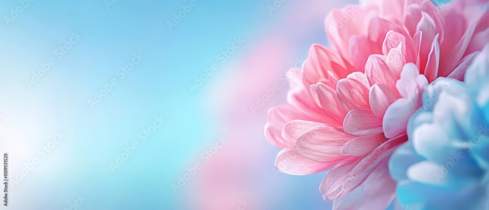 Obraz premium A tight shot of a pink-blue bloom against a harmonious blue-pink canvas, backdrop featuring a softly blurred sky