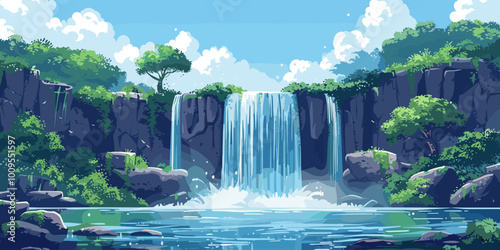 A waterfall is shown in a lush green forest with a clear blue sky above. The water is flowing down the rocks, creating a peaceful and serene atmosphere. Concept of tranquility and natural beauty