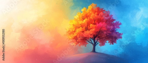  A vibrant tree painting in a cloudsky of blue, yellow, pink, and orange photo