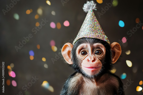 Funny image of a cute monkey wearing a party hat with with a colorful confetti in the background and celebrating christmas holidays, new year or a birthday. photo