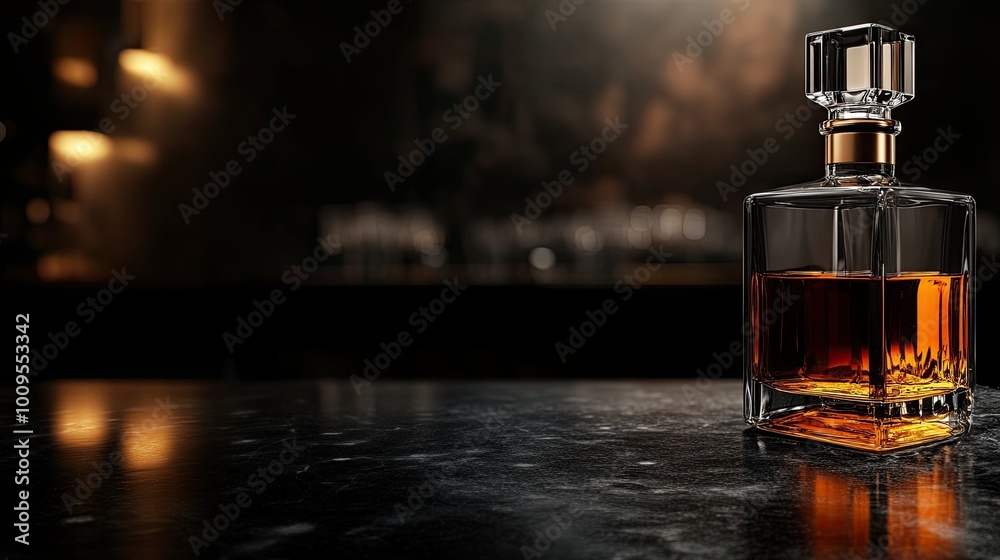 A bottle of liquor sits on a counter in a dimly lit room A bottle of liquor sits on a counter in a dimly lit room