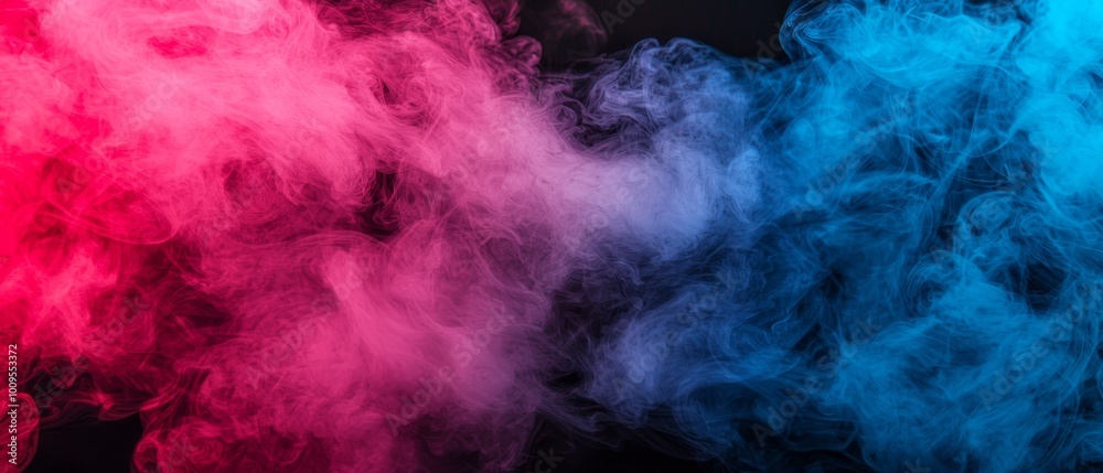 Fototapeta premium The smoke's colors are red, blue, and pink against a black background