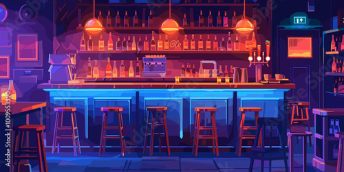 A bar with neon lights and a clock on the wall. The bar is empty and the mood is calm