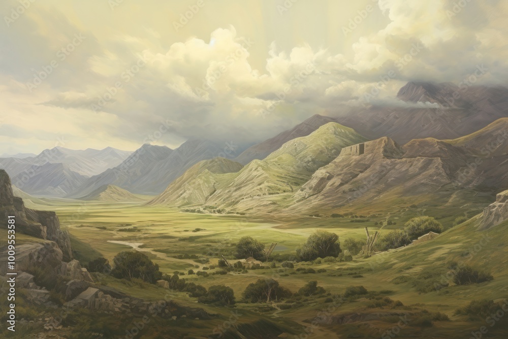 Fototapeta premium Illustration of landscapes wilderness panoramic mountain.