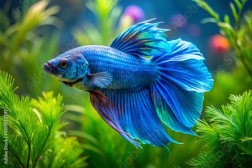 Vibrant Blue Betta Fish Swimming Gracefully in Crystal Clear Water with Lush Green Aquatic Plants