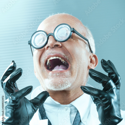Scientist wearing thick glasses and black gloves is screaming an
