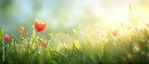  A tight shot of a lush grass field bearing one solitary red bloom in the foreground, framed against a backdrop of sun-kissed skies photo