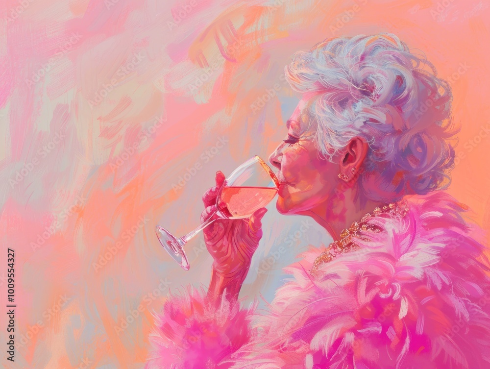 Fototapeta premium A person holding a glass with pinkish liquid, wearing a white feather boa and a pearl necklace, against a plain pink background.