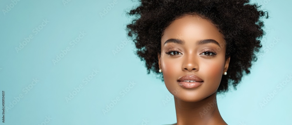 A woman with a short afro hairstyle is depicted in a close-up image against a light blue wall background A woman with a short afro hairstyle is depicted in a close-up image against a light blue wall background