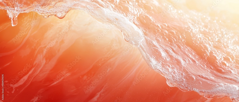 Fototapeta premium A tight shot of an ocean wave, orange and yellow backdrop, water spraying