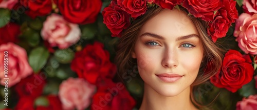  A woman with a wreath of red roses atop her blue-eyed head is encircled by pink and red blooms