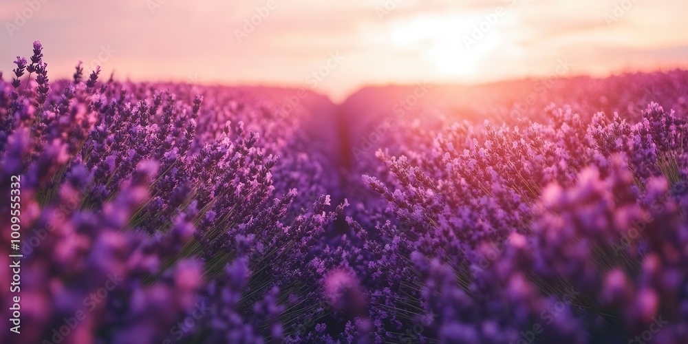 Fototapeta premium A serene lavender field at sunset, showcasing vibrant purple flowers and a tranquil atmosphere.