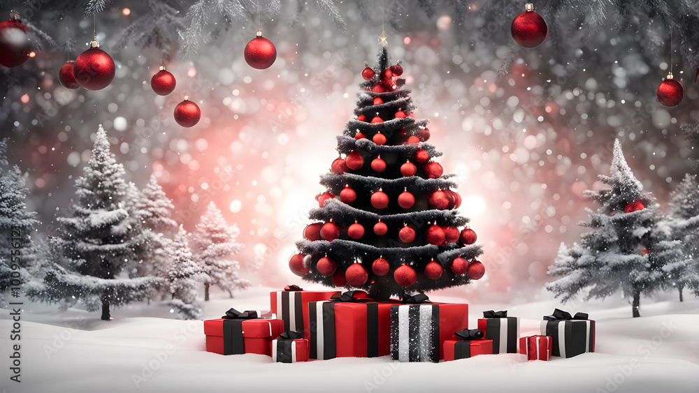 Obraz premium Christmas gifts wrapped in red and black under a snow dusted tree. generative ai.