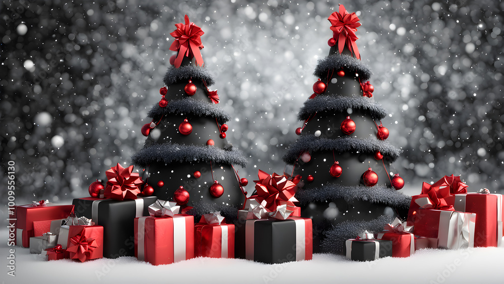 Obraz premium Christmas gifts wrapped in red and black under a snow dusted tree. generative ai.
