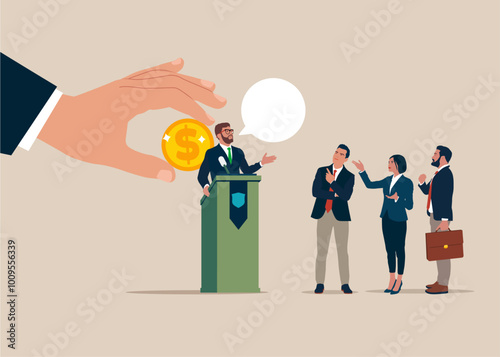 Manipulate man mind. Hand inserting a coin into the back of a businessman. Debate before vote. Conducting discussion on public debates. Politicians talk, meeting and discuss problems. Flat vector illu