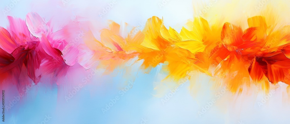 A multicolored painting of flowers against a blue-pink backdrop, featuring a light blue sky overhead A multicolored painting of flowers against a blue-pink backdrop, featuring a light blue sky overhead