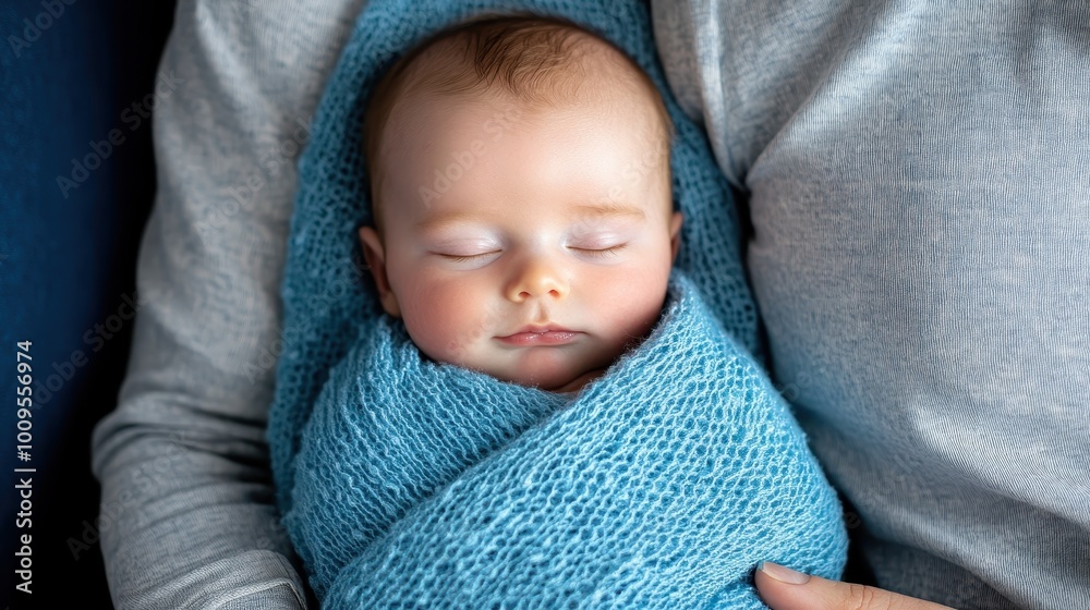 A serene image of a peacefully sleeping baby wrapped in a soft blue knit blanket, embodying warmth and tranquility as they rest against a gentle backdrop. A serene image of a peacefully sleeping baby wrapped in a soft blue knit blanket, embodying warmth and tranquility as they rest against a gentle backdrop.