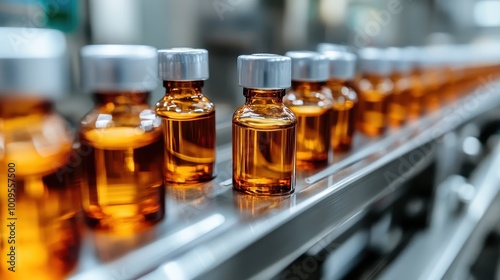 A row of amber-colored vials is seen progressing on an assembly line, indicative of mass production in a pharmaceutical or industrial context.