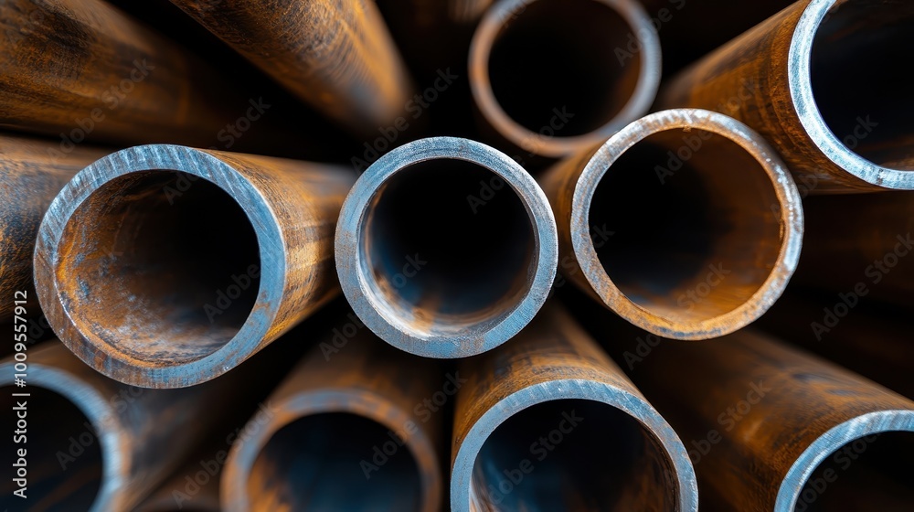 Symmetrical arrangement of stacked steel pipes with visible interior textures, creating a geometric pattern and industrial aesthetic in a factory or construction setting. Symmetrical arrangement of stacked steel pipes with visible interior textures, creating a geometric pattern and industrial aesthetic in a factory or construction setting.