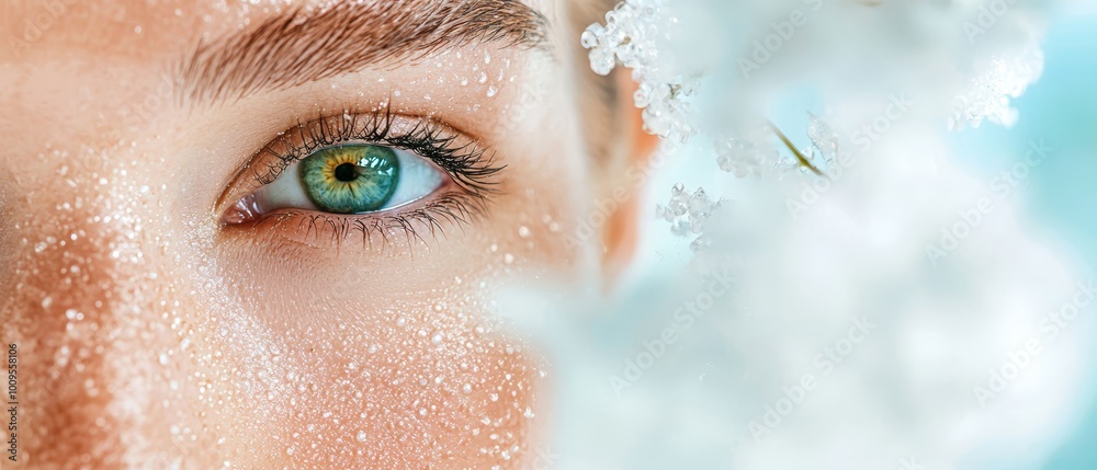 A tight shot of a blue eye against a backdrop of white flowers in the foreground and a blue sky above A tight shot of a blue eye against a backdrop of white flowers in the foreground and a blue sky above