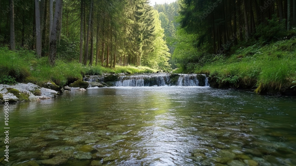 A serene river flows through a lush forest, showcasing nature's tranquility and beauty. A serene river flows through a lush forest, showcasing nature's tranquility and beauty.
