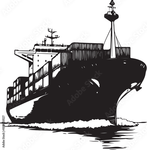 Minimalistic Black and White Cargo Ship Vector Illustration