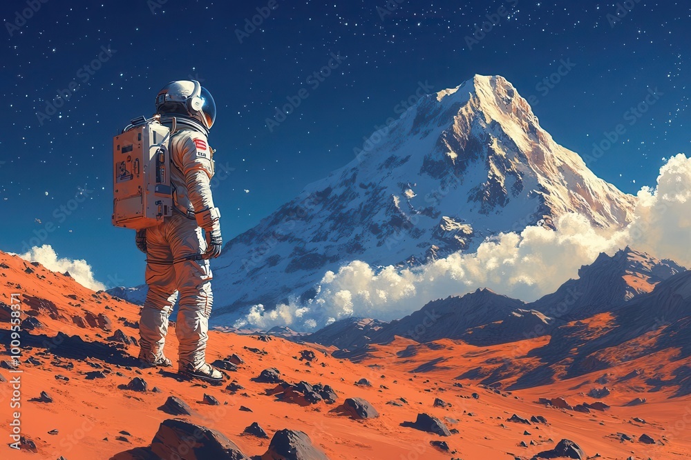 astronaut exploring the rugged landscape of mars with red soil and ...