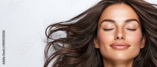  A tight shot of a woman with closed eyes and waving locks caught in the wind's embrace