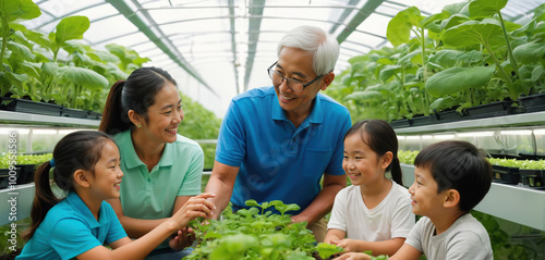 Happy Multigenerational Family Gardening in Greenhouse, Growing Plants Together, Family Time, Green Thumb, Farm Lifestyle photo