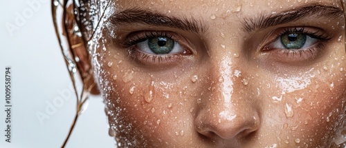  A tight shot of a woman's face, adorned with droplets of water, cascading from her hair above