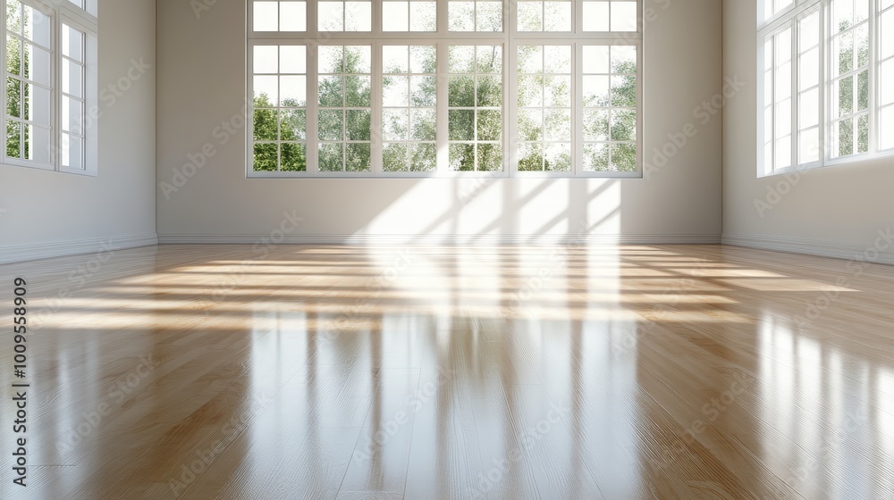 Fototapeta premium An empty, bright room with shiny wooden flooring, large windows allowing sunlight to stream in, showcasing a simplistic yet elegant architectural design.