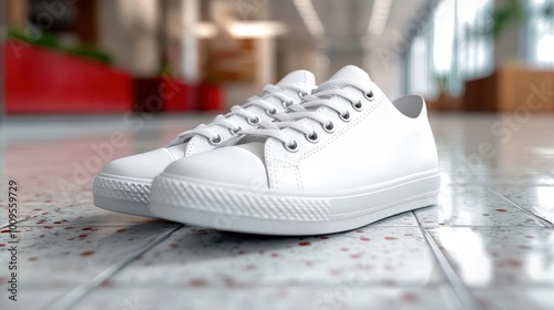 This image depicts a classic pair of white canvas sneakers placed elegantly on a glossy tiled floor, showcasing their timeless and versatile fashion appeal.