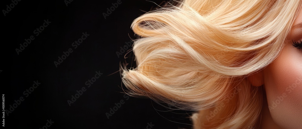 Close-up of woman's face with wavy hair swaying against wind against black backdrop Close-up of woman's face with wavy hair swaying against wind against black backdrop